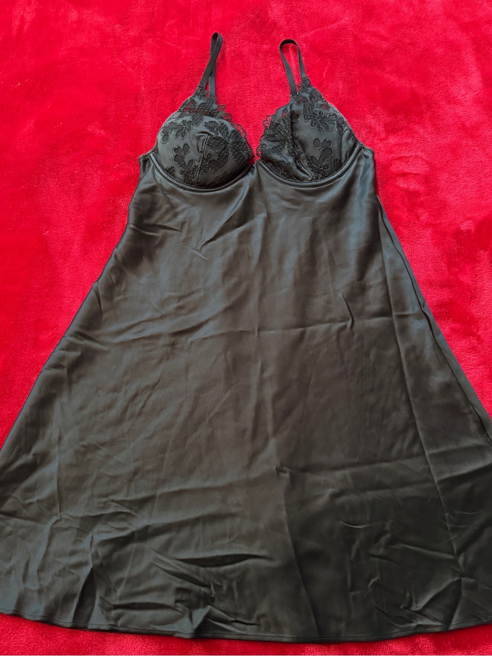 Victoria's Secret Black Satin Lace Underwire Slip Dress Chemise - Small